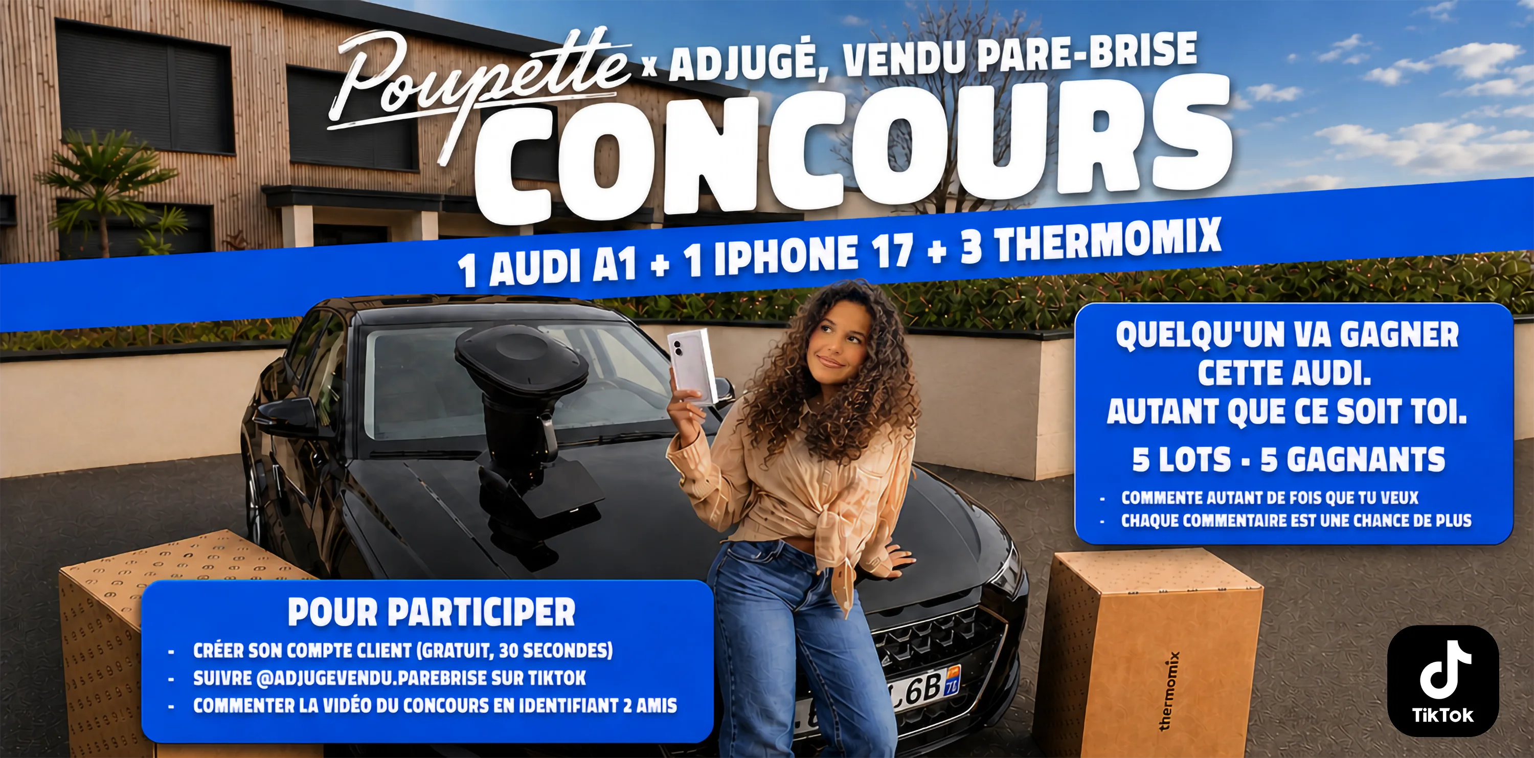 Concours Adjugé, vendu pare-brise. Cinq lots, cinq gagnants : une Audi A1, un iPhone 17 et trois Thermomix.