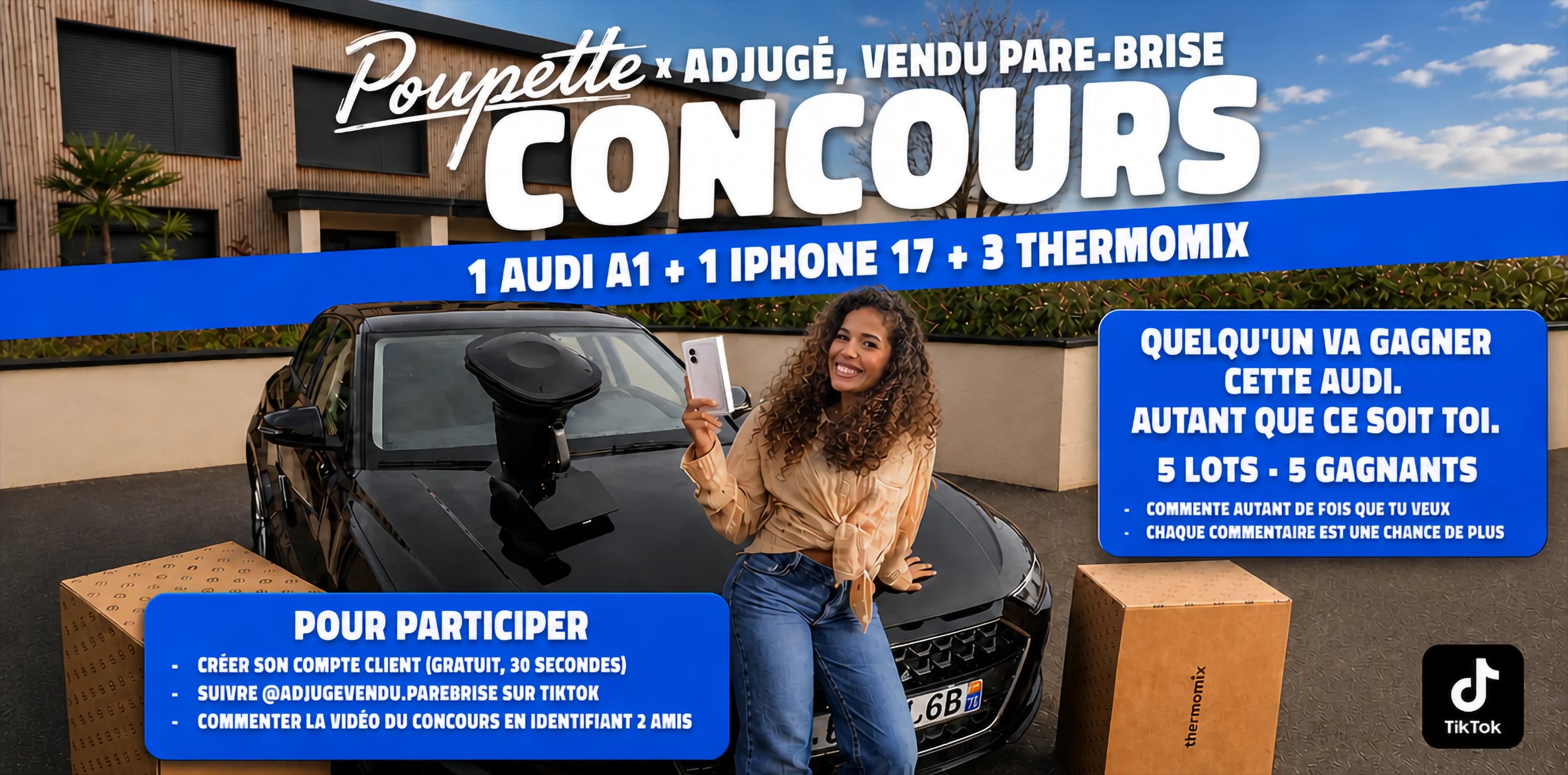 Concours Adjugé, vendu pare-brise. Cinq lots, cinq gagnants : une Audi A1, un iPhone 17 et trois Thermomix.