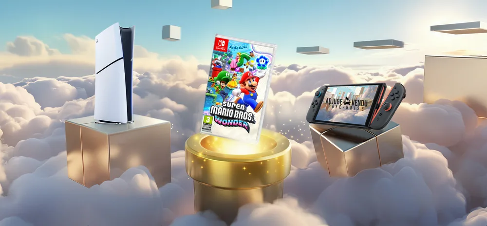 PlayStation 5, Super Mario Bros. Wonder et Nintendo Switch sur des podiums dorés, dans les nuages : les cadeaux offerts avec un pare-brise.