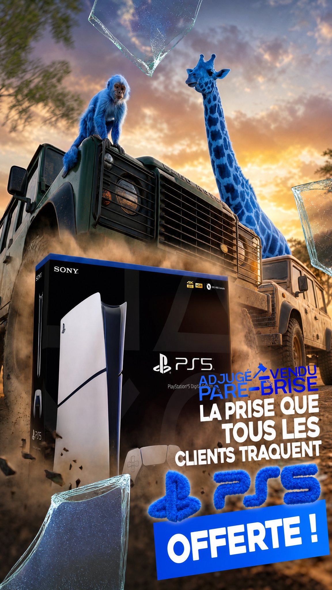 Une console PlayStation 5 posée devant un 4x4 de safari, avec l'accroche « la prise que tous les clients traquent, PS5 offerte », signée Adjugé Vendu Pare-Brise.