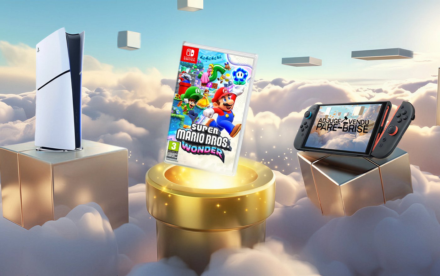 Une console PlayStation 5, un jeu Nintendo Switch et une console Switch affichant le logo Adjugé Vendu Pare-Brise, posés sur des socles dorés au-dessus des nuages.