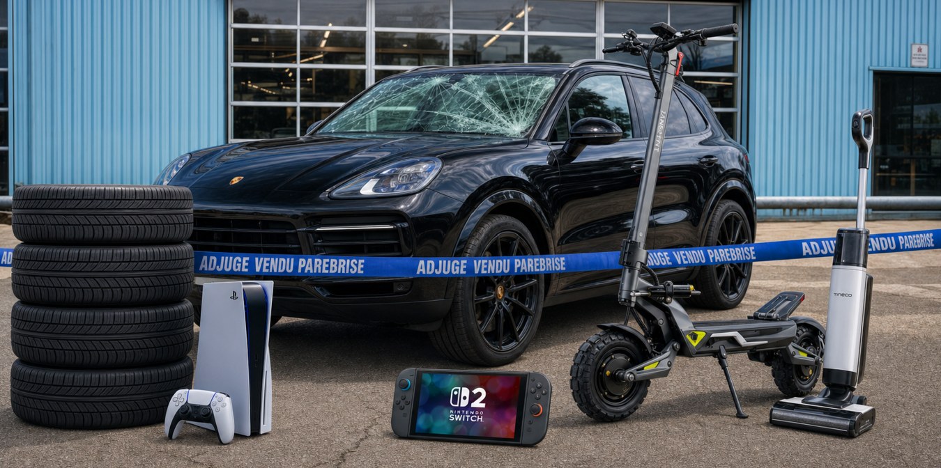 Devant un atelier, une voiture au pare-brise brisé derrière un ruban « Adjugé vendu pare-brise », et alignés au sol : quatre pneus neufs, une PlayStation 5, une Nintendo Switch, une trottinette électrique et un aspirateur laveur.